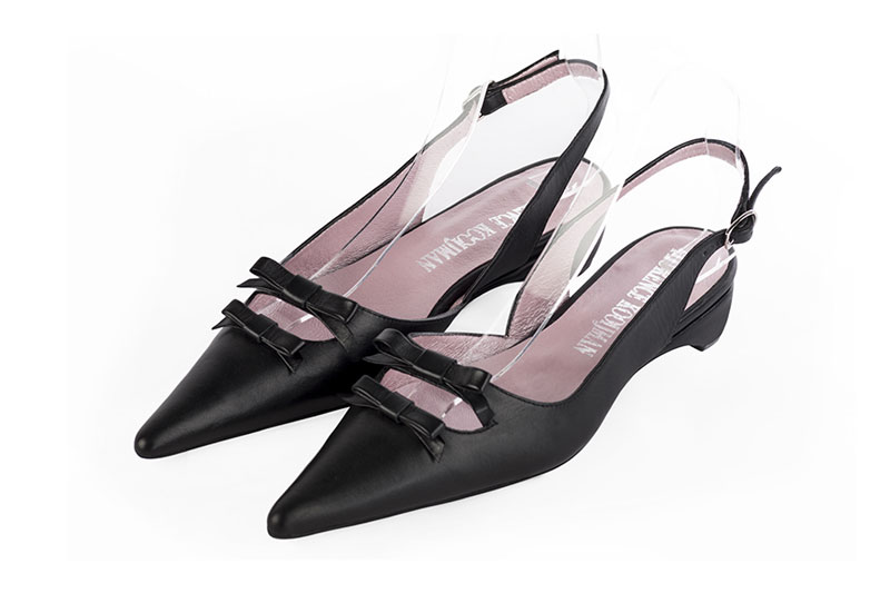 Satin black women's open back shoes, with a knot. Pointed toe. Flat kitten heels - Florence KOOIJMAN